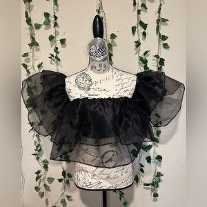 Elegant Black Sheer Ruffle Off-Shoulder Crop Top